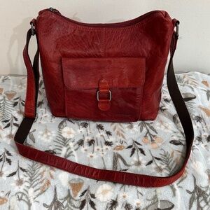 Red 100% leather Jack George shoulder or crossbody bag..gently used🍀
